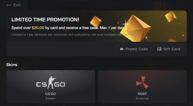 The Clash.gg deposit page: a free case for card purchases over $20, plus CS2 skins, Rust skins, card and bank transfer