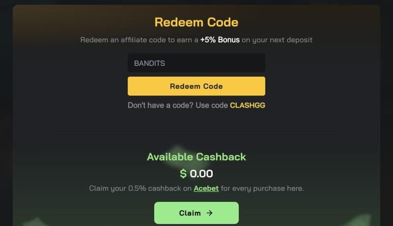 The Redeem Code box on Clash.gg's Rewards page with BANDITS typed in: an affiliate code gives +5% on your next deposit