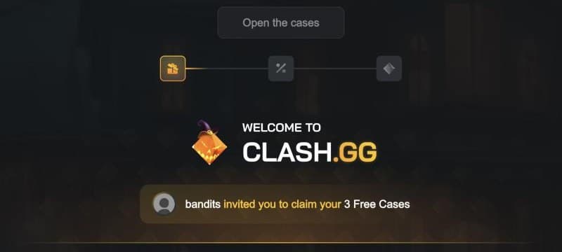 Clash.gg's welcome page for code BANDITS: bandits invited you to claim your 3 free cases