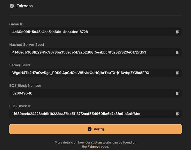 A finished CSBattle battle's Fairness panel: game ID, hashed server seed, server seed, EOS block number and EOS block ID