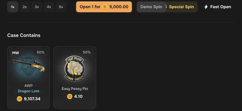 CSBattle Easy D case: 50% AWP Dragon Lore, 50% pin