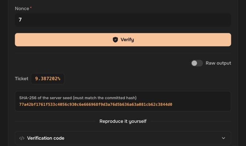 CSBattle's case verifier with our test seeds: ticket 9.387202% and the SHA-256 of the server seed