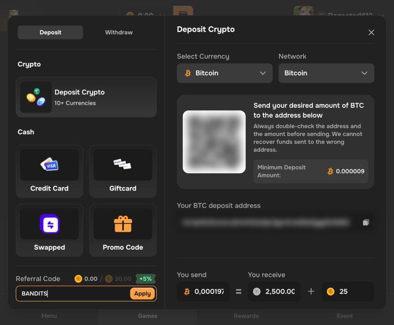 CSBattle deposit screen with crypto, card, gift card and Swapped options and the referral code box