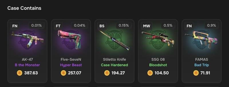 Halloween 5 case odds on CSBattle: 0.01% AK-47 B the Monster worth 387.63 coins
