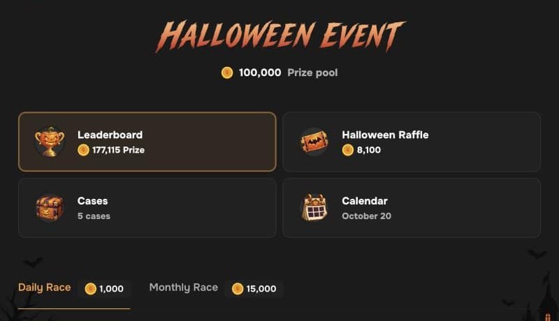 The CSBattle Halloween event page: 100,000 prize pool, leaderboard, Halloween raffle, cases and calendar