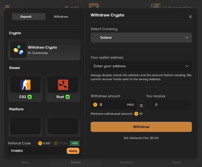 CSBattle withdraw screen with crypto and skin options and a 10 coin minimum