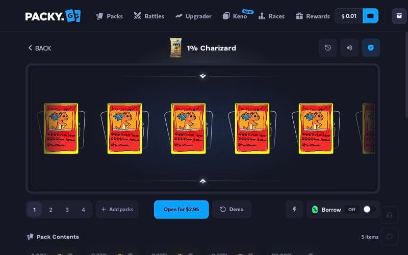 The 1% Charizard pack page on Packy.gg with its price and the cards inside