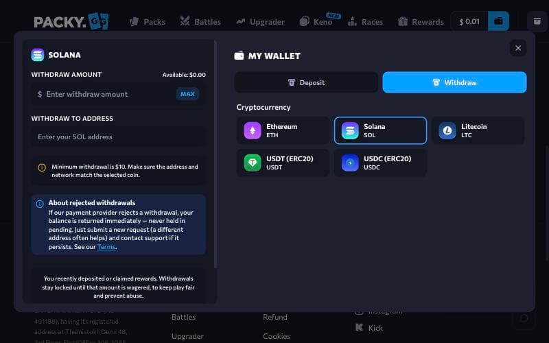 Packy.gg withdraw form for Solana showing the $10 minimum