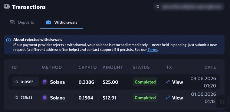 Two completed Packy.gg withdrawals in Solana, $25.00 and $12.91